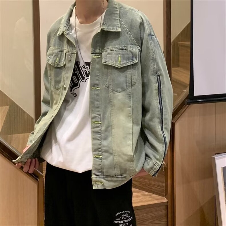 美式高街vibe风拉链水洗牛仔外套ins潮牌做旧黄泥染夹克JM60-p63，男装工装外套，星座1008-1
