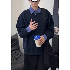 格子领polo衫男款春季2025新款假两件衣服学院风美式重磅卫衣外套，男装T恤，星座1116A（原606A-3）