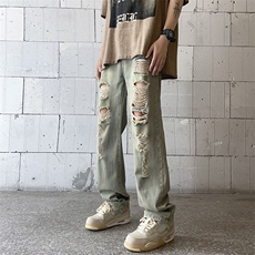 牛仔裤男夏季薄款美式高街vibe风破洞宽松休闲长裤子N02221-P45，男装牛仔裤，星座308B-1