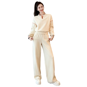 时尚气质设计感新中式风套装女秋冬新款立领上衣阔腿长裤两件套图片