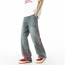 斜杠三条纹红黑撞色拼接显瘦微喇牛仔裤XZ201-S7096P48，男装牛仔裤，星座201