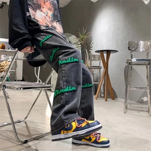 植绒牛仔裤男春秋美式高街vibe风裤直筒宽松潮牌阔腿裤NG133-P52图片