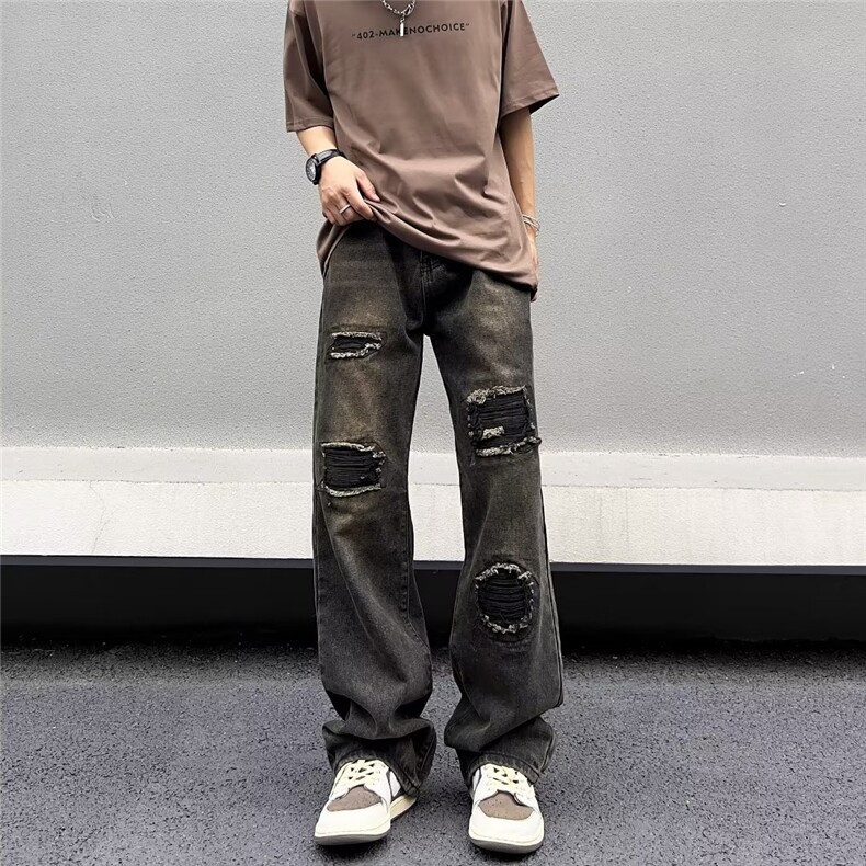 美式vibe裤子高街水洗牛仔裤男设计感小众拉链裤B2002P45图片