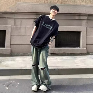 夏季美式高街重磅纯棉三条杠织带撞色男女短袖T恤ZD618-特P30图片