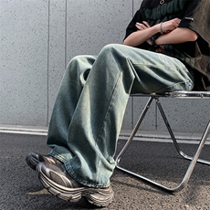 夏季新款字母印花牛仔裤男复古美式潮牌宽松阔腿裤，男装牛仔裤，星座410-6（原星座1304-1）