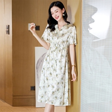 法式气质V领水墨印花连衣裙女2024夏季新款收腰显瘦洋气减龄裙子，女装连衣裙，阿舍尔精品