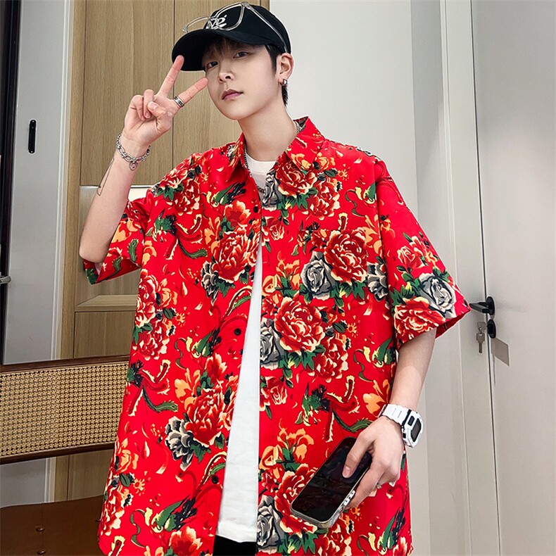 D1男女中性风东北大花短袖衬衫衬衣外套民族风汉服团队服,男装T恤,星座115A(原星座507）