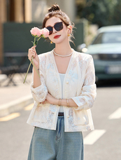 新中式欧根纱重工刺绣外套女2025春季V领开衫小香风短款蕾丝上衣，女装短外套，伊仟回