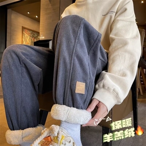 羊羔绒裤子男士冬季长裤潮牌休闲抽绳工装束脚卫裤新款青少年图片