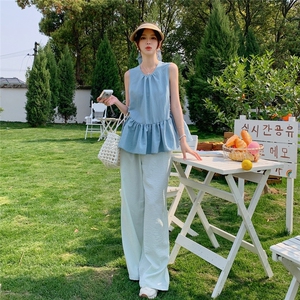 设计感荷叶边马甲背心套装女2025夏季一整套ootd穿搭阔腿裤两件套图片