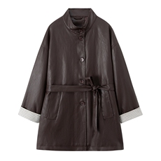 【大量现货】秋季女装新款时尚立领潮流金属丝中长款腰带皮衣外套，女装皮衣，魅衣本色
