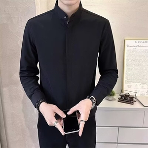 气质新中式立领长袖衬衫男士早春新款小众衬衣高级感垂感中袖衬衫图片