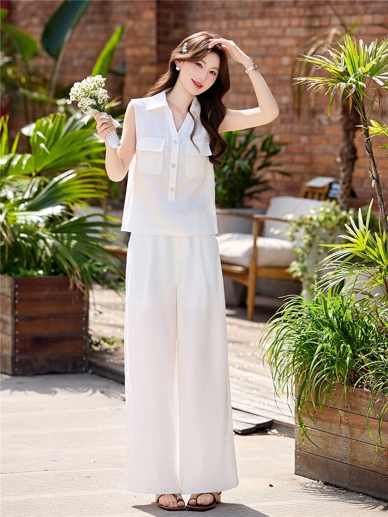 巨好看亚麻时尚套装女2026夏季气质通勤无袖背心上衣阔腿裤两件套,女装套装/套裙,衣之秀