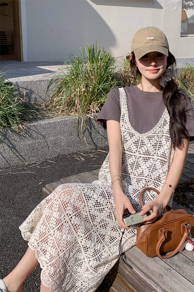 蕾丝镂空罩衫背心裙休闲显瘦t恤裙夏季新款小个子两件套连衣裙女,女装套装/套裙,2C087