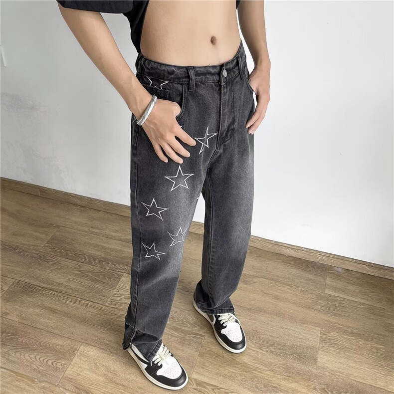 星星刺绣牛仔裤男美式高街复古宽松拉链开叉阔腿裤子C1711/P50,男装牛仔裤,星座506