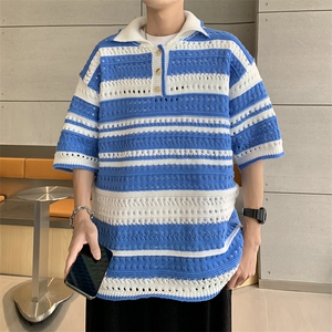 港风夏款男短袖POLO衫彩色条纹拼色镂空五分袖T恤衫T381 P38图片