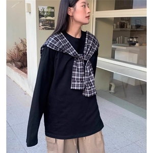 【有货】DT1806-特P58美式披肩格子设计假两件绑带长袖t恤男女潮图片