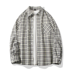 B413-1-DX068美式复古休闲长袖衬衫男宽松格纹衬衣日系潮流衬衣服图片