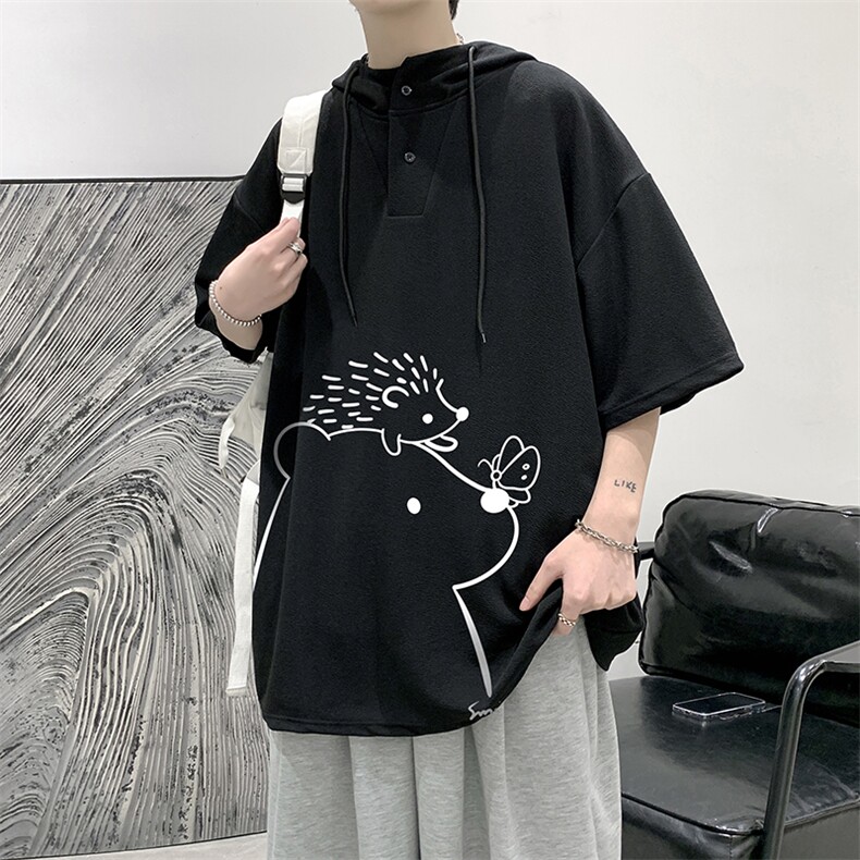 LD54166-P45连帽短袖t恤男大码胖子带帽五分袖中袖大皂风,男装T恤,电商A040