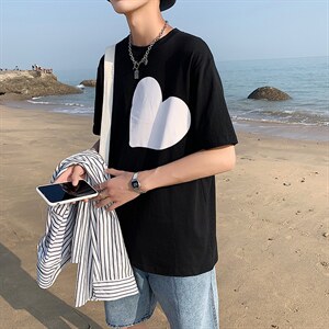 港风夏季T恤衫男韩版潮流短袖宽松爱心情侣装纯棉中袖T121P35控49,男装T恤,电商A089-1