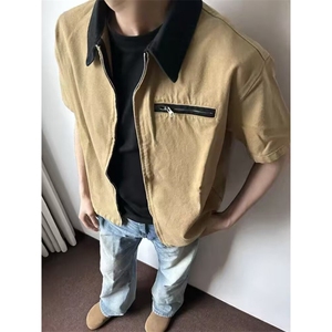 美式复古卡哈特工装正肩短袖衬衫外套男夏季简约高级衬衣夹克图片