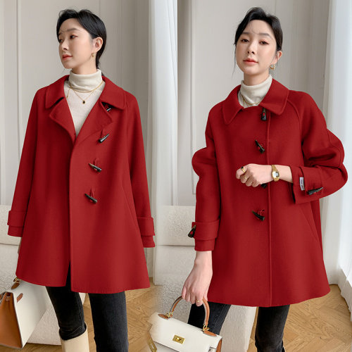 时尚女装手工缝制牛角扣羊绒大衣 显瘦百搭休闲外套,女装双面呢大衣,丝露怡语