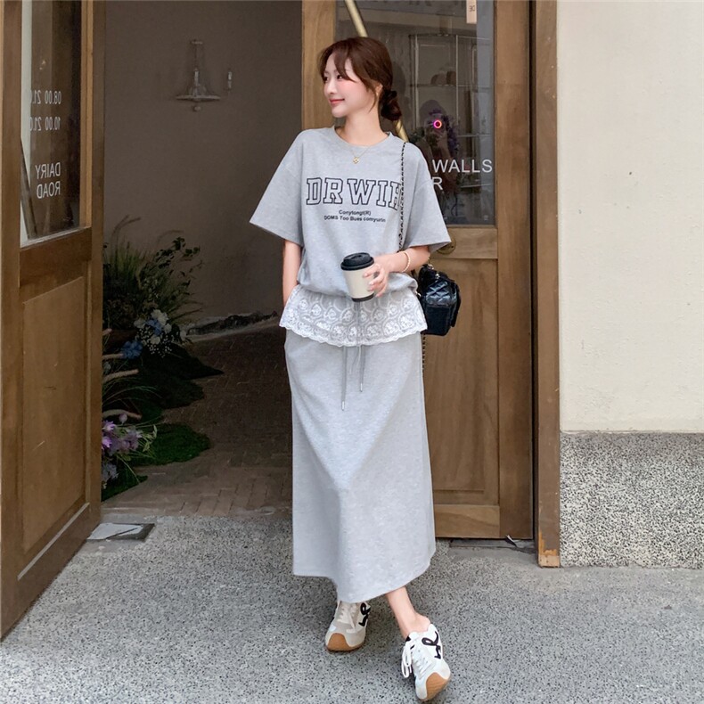 盐甜系蕾丝拼接字母T恤半身裙套装女2025夏季新款韩版宽松两件套图片