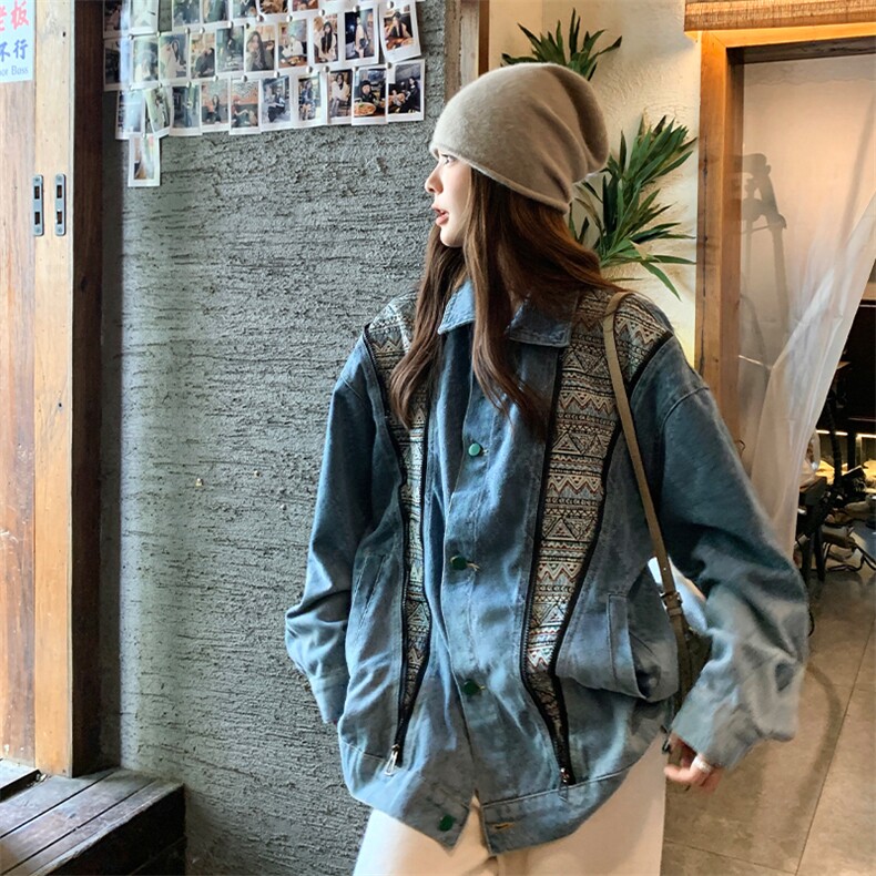 蓝色水洗拼接牛仔外套女美式复古oversize宽松设计感拉链工装夹克,女装短外套,2C123