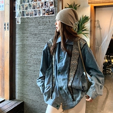 蓝色水洗拼接牛仔外套女美式复古oversize宽松设计感拉链工装夹克，女装短外套，2C123