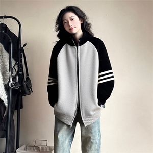 重磅秋冬北极绒开衫毛衣美式复古休闲慵懒风撞色立领针织衫外套,针织衫/毛衣,电商A486