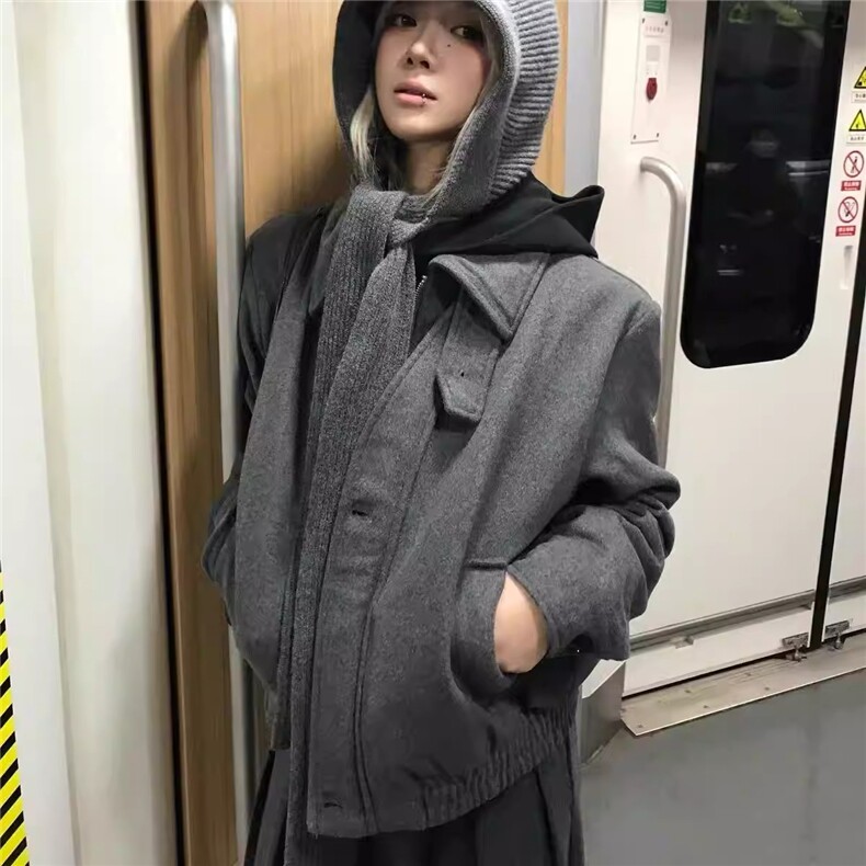 假两件双门禁仿羊毛夹克女新春美式正肩短宽boxy重磅翻领毛呢外套,男装夹克,星座506A