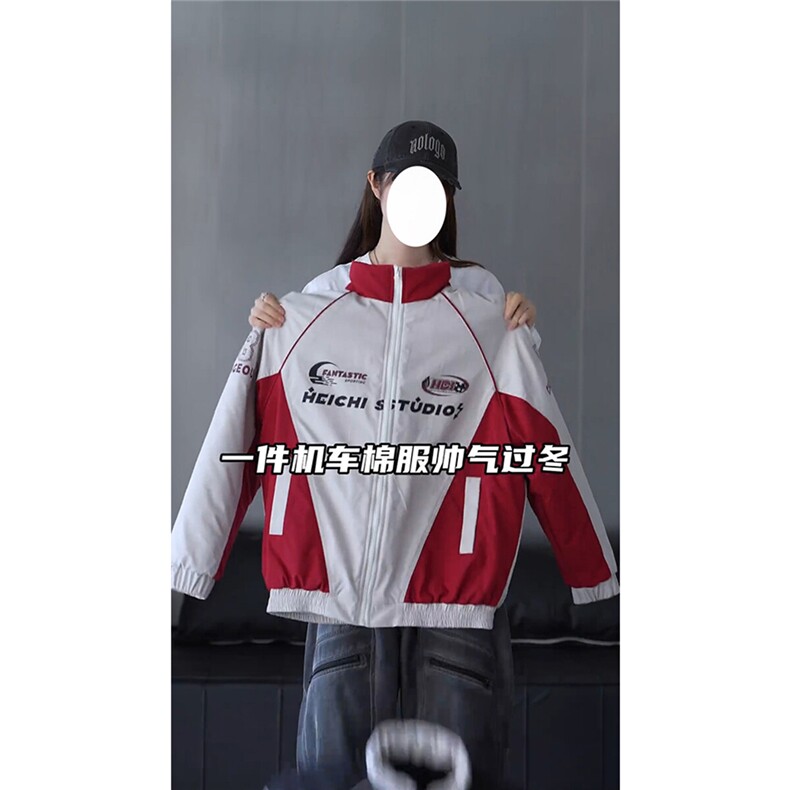 抖音视频截图只展示大货已到印花立领机车潮牌棉服77950特P85，男装棉衣，星座226-2