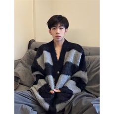 美式V领仿兔绒毛衣针织衫男外套蓝白条纹软糯开衫上衣男生设计感，男装针织衫/毛衣，星座813-2