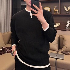 春秋新款慵懒风假两件V领毛衣男简约宽松百搭时尚休闲上衣打底衫，男装T恤，星座715-4