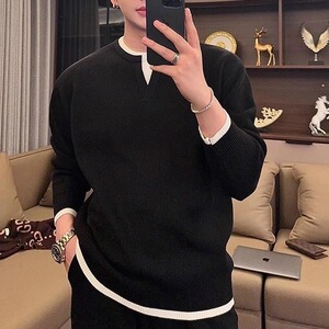 春秋新款慵懒风假两件V领毛衣男简约宽松百搭时尚休闲上衣打底衫图片