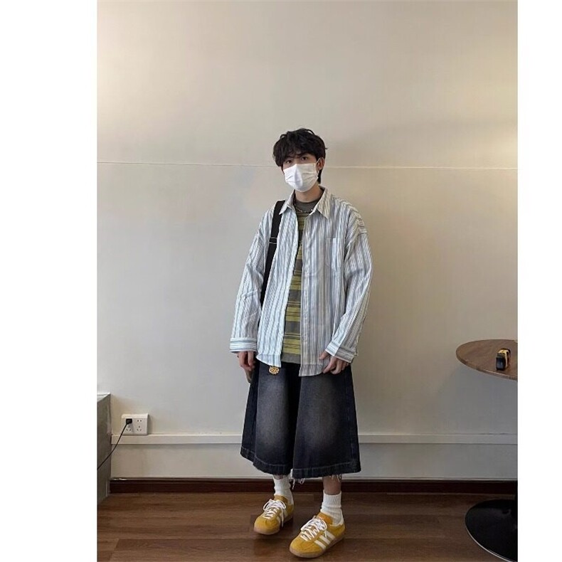 日系复古小众设计感民族风条纹长袖衬衫男春秋季潮流衬衫外套,男装衬衫,星座506A