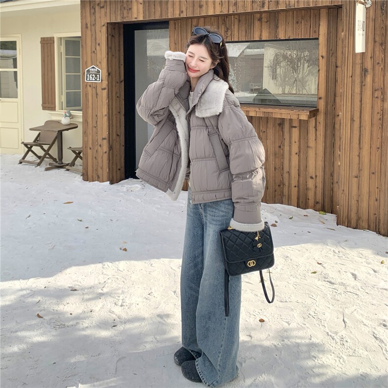 灰色短款泡芙羽绒服女2025冬季高级感毛毛拼接保暖90白鸭绒厚外套,女装羽绒服,慧尚2-185