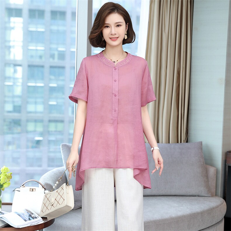 2022夏纯苎麻刺绣时尚简约大方气质优雅纯色休闲透气上衣,女装套装/套裙,独衣靓