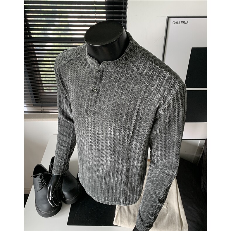 重磅鱼骨纹亨利领长袖T恤男秋季潮牌收腰修身显瘦休闲内搭打底衫，男装Polo衫，电商A233-1