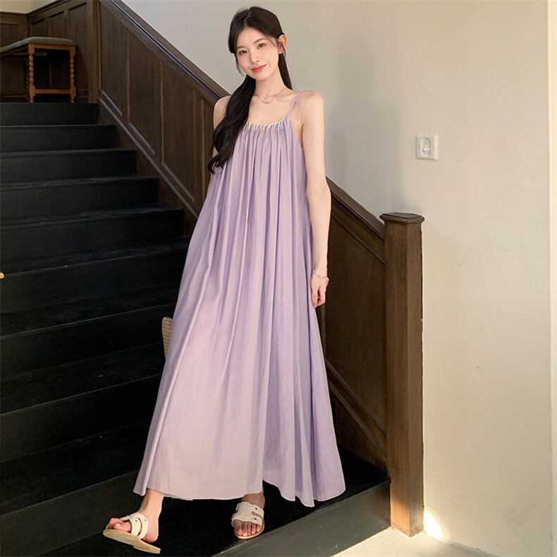 夏季2025新款女装法式紫色温柔吊带连衣裙小众设计感气质仙女长裙,女装连衣裙,纯色衣恋