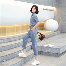 2022夏季新款时尚个性刺绣贴布设计气质减龄舒适系带收腰连体裤，女装连体裤，魅影