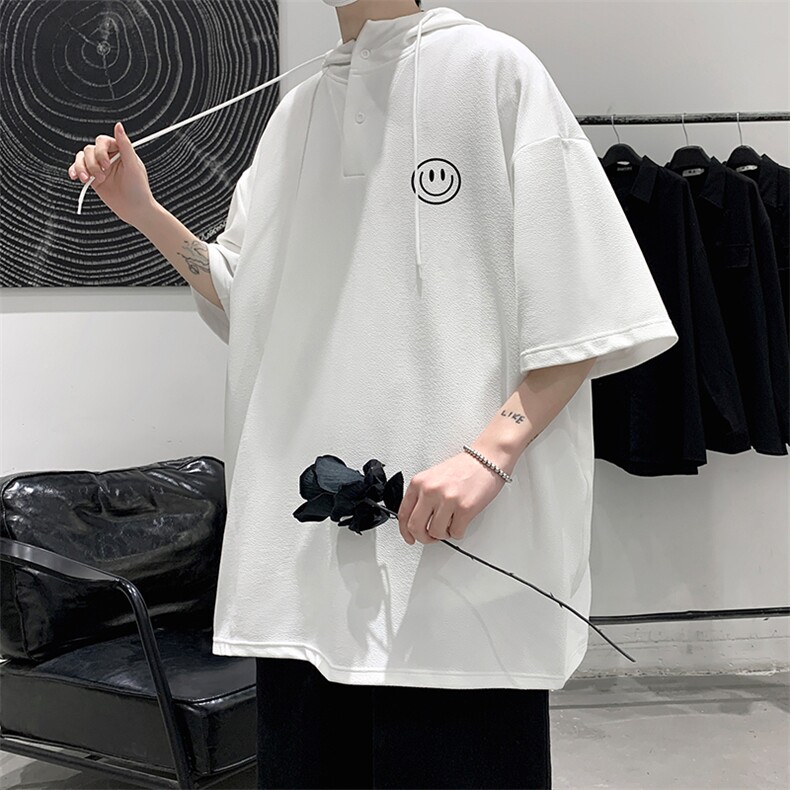 LD54224-P45连帽短袖t恤男大码胖子带帽五分袖中袖大皂风,男装T恤,电商A040