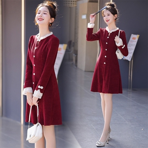 新中式红色小香风连衣裙女2025春秋新款气质修身小个子长袖A字裙图片