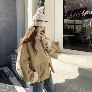 卡其色立领皮毛一体羊羔毛厚外套女秋冬超火好看高级小众加绒棉服图片