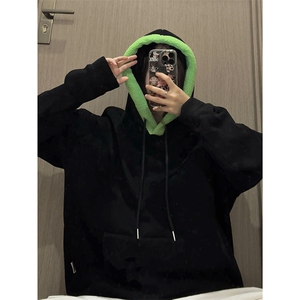 秋款男女连帽卫衣羊羔毛拼色抽绳中性风夹克外套WY117 P45图片
