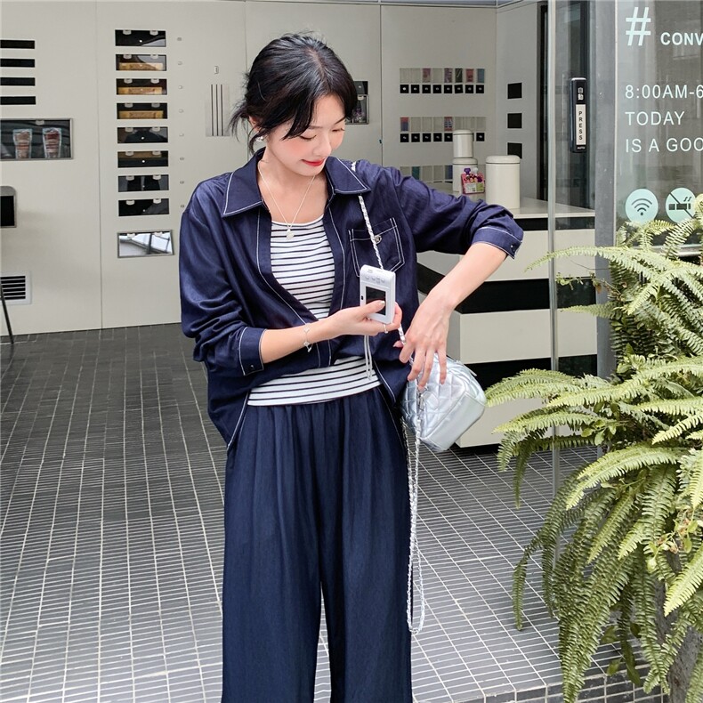 时髦松弛感牛仔蓝套装女2025秋季休闲风衬衫阔腿裤条纹背心三件套,女装套装/套裙,2C057