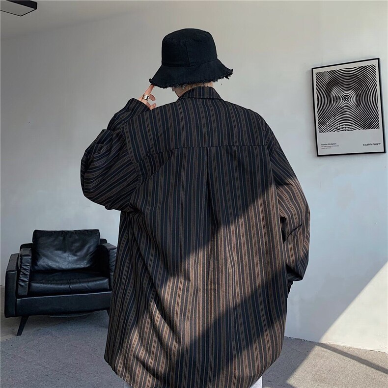 日系复古撞色条纹长袖衬衫男女中性风宽松工装衬衣潮CY1027-P45,男装衬衫,星座412-2