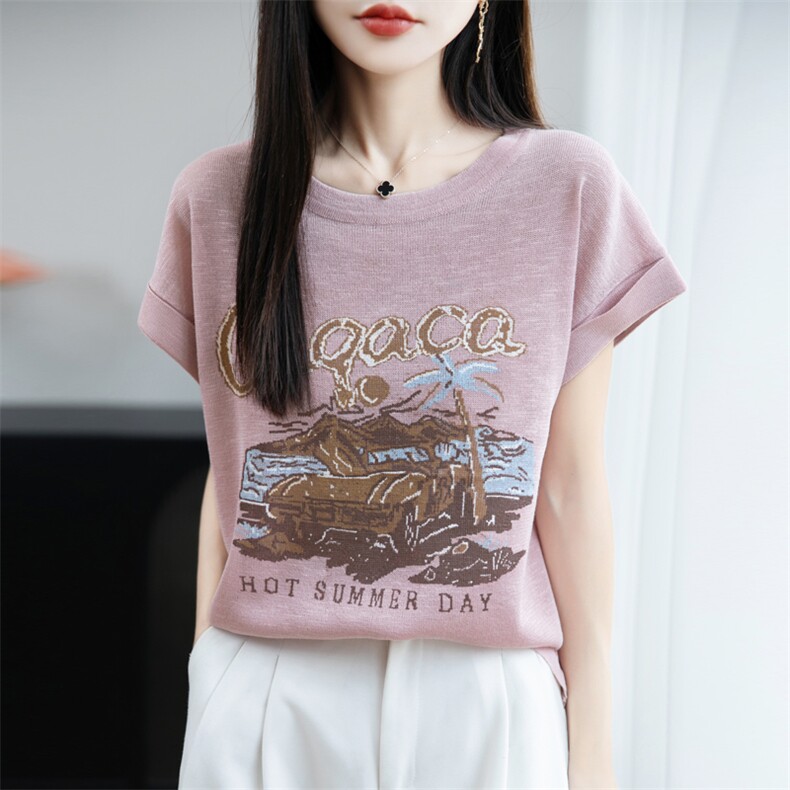 夏季新款简约竹节麻印染短袖女宽松百搭显瘦上衣时尚休闲T恤图片