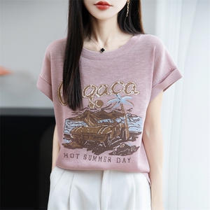 夏季新款简约竹节麻印染短袖女宽松百搭显瘦上衣时尚休闲T恤图片