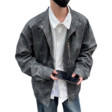 美式复古翻领皮夹克男士春秋季百搭宽松情侣PU外套225-2-JK601，男装夹克，星座225-2